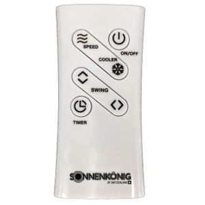 Télécommande blanche pour rafraîchisseur d'air Sonnenkönig Air Fresh 7. Boutons marche/arrêt, vitesse, refroidissement, oscillation, minuterie.