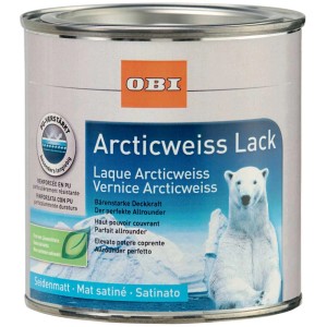 Dose OBI Weisslack seidenmatt Arcticweiss, 375ml. Wasserbasierter Acryllack für Innen- und Aussenbereich.
