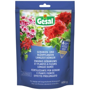 Gesal engrais longue durée pour géraniums et plantes fleuries, paquet de 600g pour floraison abondante.