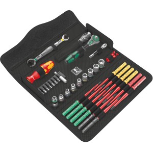Set d'outils Wera W 1 Kraftform Kompakt, 35 pièces, dans une trousse à outils ouverte.