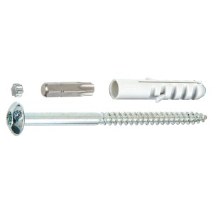 Schrauben-Set für Fenstergitter-Befestigung, 140mm, mit Dübel, Bit und Abdeckkappe.