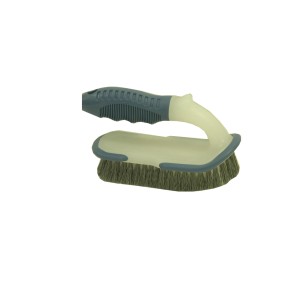 Spazzola manuale con manico per pulizia piscina, setole resistenti e impugnatura ergonomica.