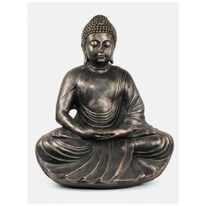 Meditierender Buddha für den Garten, Bronze-Optik, detailreiche Gartendekoration.