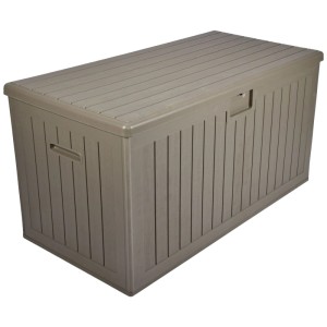 Coffre de rangement Oslo L taupe, capacité 570 l, en plastique résistant aux intempéries aspect bois.
