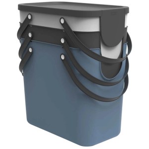 Rotho Albula Recycling Set, 3 Mülleimer (25L) in blau, grau und anthrazit gestapelt.