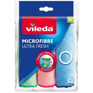 Vileda Panno Microfibra Ultra Fresh, confezione da 3 in verde, rosa e blu. Trattato antibatterico.