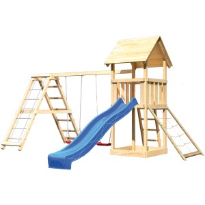 Tour de jeu Karibu Lotti avec balançoire double, rampe filet, structure d'escalade & toboggan bleu.