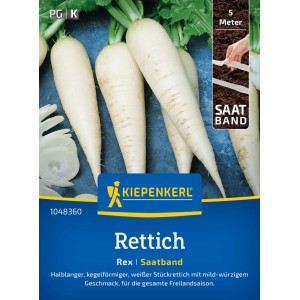 Ruban de graines de radis Kiepenkerl Rex : Radis blancs de taille moyenne sur l'emballage.