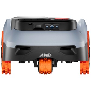 Robot tondeuse Navimow i210E LiDAR Pro avec traction intégrale (AWD) et roues orange.