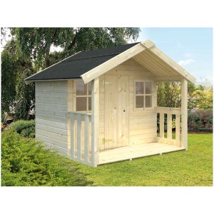Cabane pour enfants en bois Pletscher Willi avec véranda, fenêtre et porte.