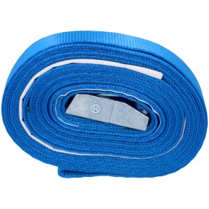 Sangle d'arrimage bleue Unitec (5 m) avec fermeture à pince, enroulée.