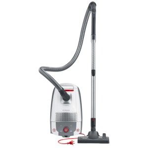 Aspirateur Severin BC7047, blanc et rouge, avec accessoires comme brosse parquet.