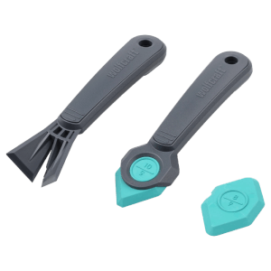 Kit réparation joints wolfcraft 4 pièces: racloir gris, lisseurs turquoise avec support pour carrelage.