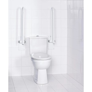Barre d'appui WC rabattable blanche pour montage mural à côté des toilettes.