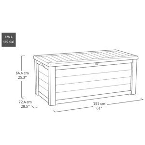 Schizzo della cassa da giardino Keter Westwood antracite con dimensioni.