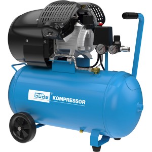 Compresseur bleu Güde 405/10/50 avec réservoir 50L, lubrifié à l'huile et mobile.