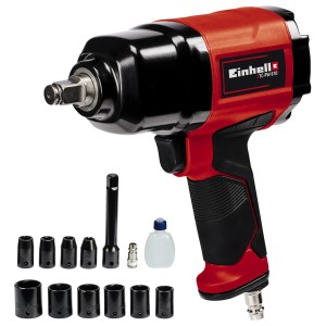Avvitatore a impulsi pneumatico Einhell TC-PW 610 con accessori come bussole e flacone d'olio.