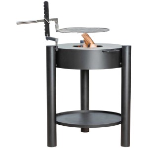 Plancha grill et brasero Tondo noir Ø 60 cm avec surface de cuisson et rangement pour le bois.