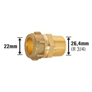 Raccordo a compressione in ottone, 22 mm x 26,4 mm (R 3/4), per tubi in rame.