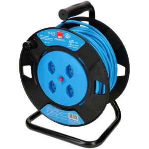 Enrouleur de câble bleu et noir avec 4 prises de type 13 et 33 m de câble.