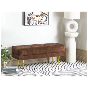 Élégante banquette Roseville en velours marron foncé avec pieds dorés. Idéale comme tabouret.