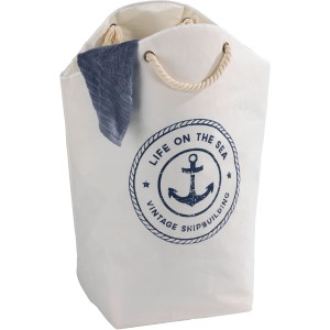 Cesto portabiancheria beige Wenko Sylt (58 l) con motivo ancora marittimo e manici in corda.