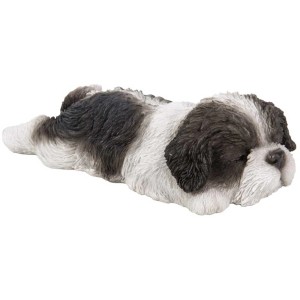 Schlafender, schwarz-weißer Shih-Tzu Welpe als Gartendeko, 6x21,8x11cm.