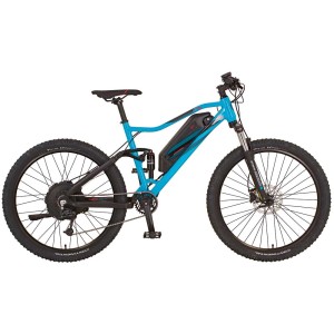 VTT électrique Prophete Graveler bleu avec pneus 27,5 pouces et dérailleur Shimano Deore.