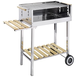 Barbecue à charbon de bois XXL en acier inoxydable réglable en hauteur avec étagères et roues.