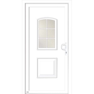 Porta d'ingresso in PVC bianca Venedig con vetro ornamentale e apertura DIN a destra.