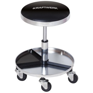 Sgabello da officina Kraftwerk con vassoio porta attrezzi, regolabile in altezza e con 5 ruote.