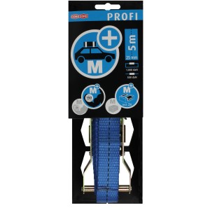 Sangle d'arrimage bleue, largeur 22 mm, longueur 5 m, avec cliquet et crochets pour la sécurisation du chargement.