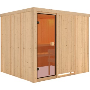 Sauna Karibu Nybro con porta in vetro bronzato, ingresso frontale. Sauna in legno massello con panche.