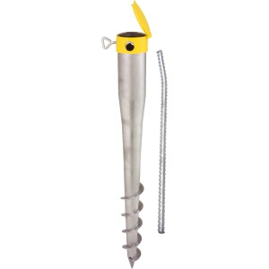 Krinner Bodendübel Kompakt Allround, un support de parasol avec tige de rotation et couvercle jaune.