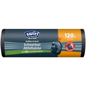 Sacs poubelle Swirl charges lourdes, 120L, 5 pièces, avec cordon de serrage, résistants à la déchirure et en plastique recyclé.