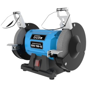 Meuleuse d'établi double GDS 150-15 avec 2 meules, protection anti-étincelles et support.