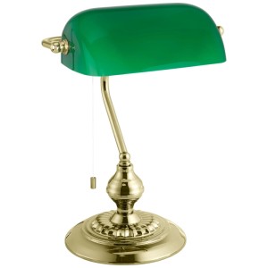 Lampada da tavolo Banker verde in stile Art Déco con base in acciaio color ottone e interruttore a tirante.
