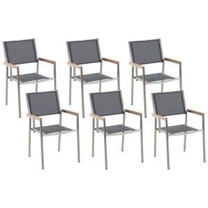 Set di sedie da giardino Beliani Grosseto, 6 sedie grigie in acciaio inox con braccioli in legno sintetico.