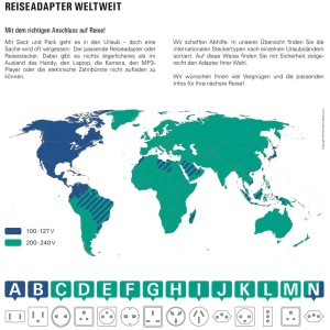 Infografik: Weltkarte mit Spannungsübersicht und Steckertypen für Reiseadapter.