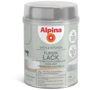 Dose Alpina Fliesenlack Bath & Kitchen, Farbton Foggy Mountain, für Wand- und Bodenfliesen.