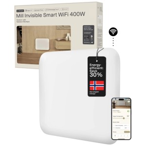 Termoconvettore elettrico Mill Invisible Smart WiFi 400W bianco con controllo app, confezione e smartphone.