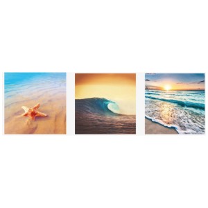 Set di 3 quadri su tela "Waves", 30x30 cm ciascuno, con motivi di spiaggia, onde e alba.