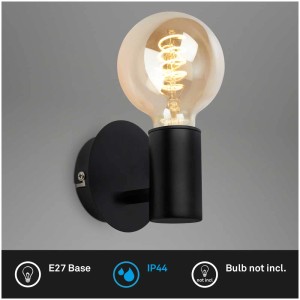 Applique murale noire Brilo avec douille E27 et ampoule insérée. Luminaire de salle de bain avec protection IP44.