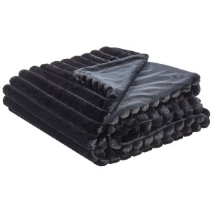 Copriletto nero Beliani Rakya in ecopelliccia, 200x220 cm, con motivo a righe e bordo decorativo.