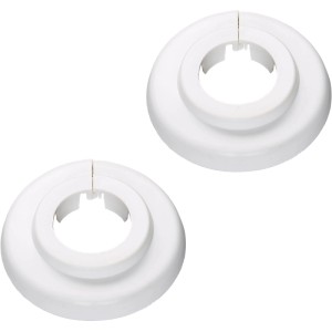 Due rosette a cerniera bianche in plastica da 22 mm per coprire i tubi di riscaldamento.