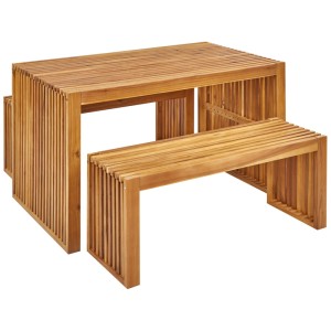 Salon de jardin Bellano 3 pièces: table et 2 bancs en bois d'acacia huilé, design à lattes.
