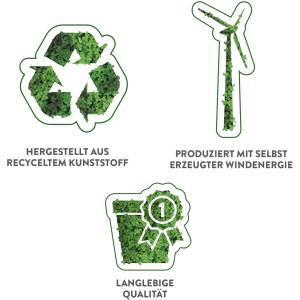 Grafica: Simboli per materiale, energia eolica e qualità della lampada di coltivazione Elho Leaf light care.
