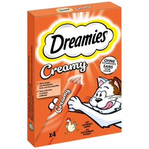 Dreamies Creamy Snacks Huhn, 4er-Packung. Cremige Katzenleckerlies ohne Zuckerzusatz mit Hühnchengeschmack.