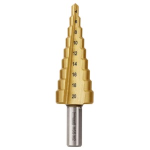 Set di punte a gradino Technocraft, 3 pezzi, HSS-G-M2, rivestimento TiN, color oro, per fori da 4 a 30 mm.