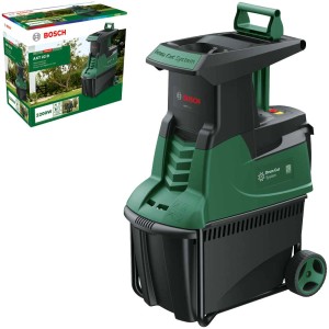 Broyeur électrique Bosch AXT 22 D avec bac de ramassage et roues, vert/noir.